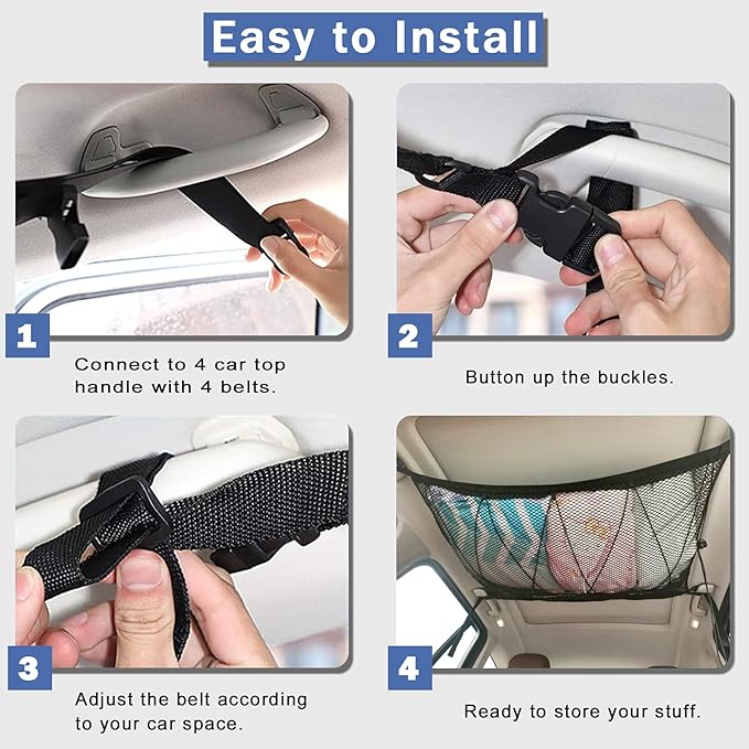 Car Ceiling Storage Net | Double Zipper, Adjustable Strap Prevent Falling, 31"x21"Double-Layer Mesh Long Road Trip Camping Van SUV Roof Cargo Pocket Organizer for Putting Quilt Toys Sundries