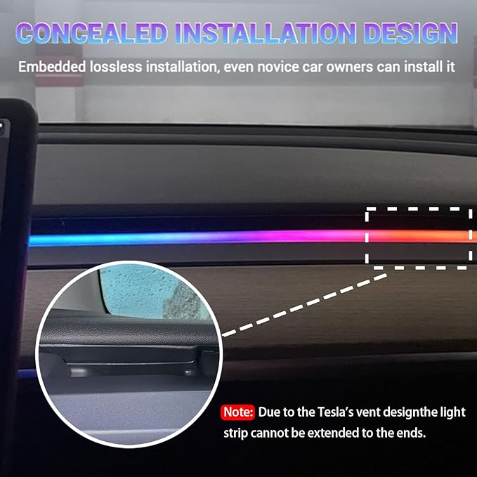 LED Car Ambient Lighting Strip for Tesla High Brightness with APP Control Multiple Colors and Car LED Strip Lighting Neon Lights for Model 3/Y (Dashboard& Center Console)