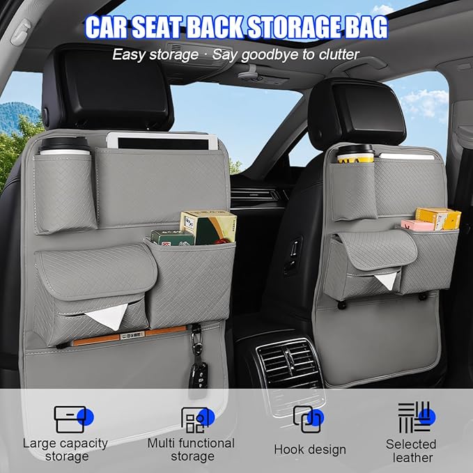Car Backseat Organizer, 2PCS Leather Woven Multipurpose Vehicle Seat Back Protector with 4 Storage Pockets & Hook, Waterproof Automotive Kick Mat, Universal for SUV RV Truck (Gray)