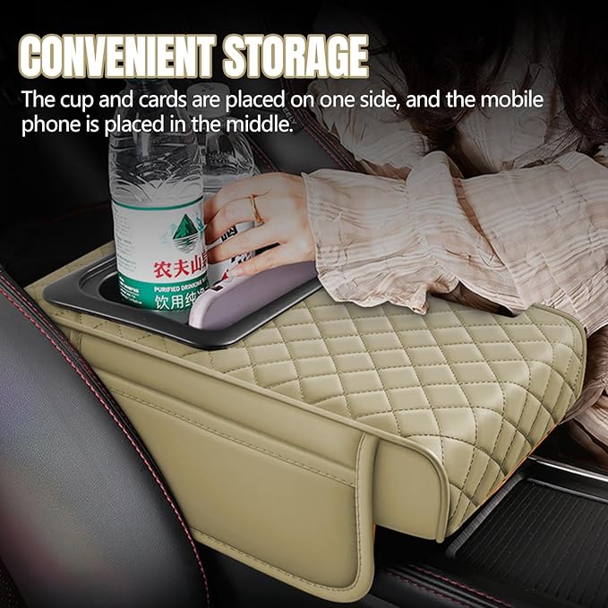 Hovom Car Center Console Cover, 13.39"×7.87"×2.76" Leather Armrest Cover for Cars, Memory Foam Armrest Pillow with Pocket, Cup Holder & Phone Slot, Universal Vehicle Arm Rest Cushion Pad (Beige)