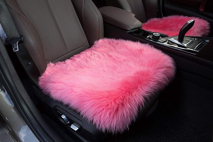Winter Warmth: Universal Sheepskin Seat Cushion Cover - Natural Wool, for Cars, Trucks, SUVs & Vans - Cozy & Stylish Driving Companion Front Pink