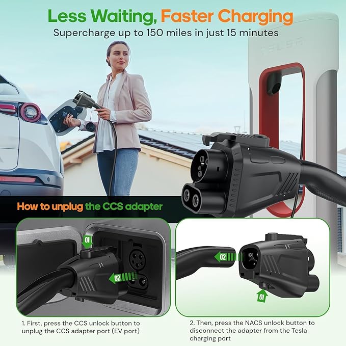NACS to CCS Electric Vehicle Adapter for Tesla Supercharger, 500 Amps/1,000V Fast DC Charge CCS1 EV‘s, Compatible with Ford, GM, Nissan, Volvo, Rivian, Hyundai and More - UL 2252 SGS Certified