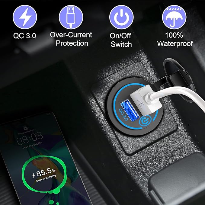 QC3.0 Dual USB 12V Outlet with Touch Switch: 12 Volt Marine Socket Golf Cart USB Port DC Car Charger Waterproof Power Adapter Cigarette Lighter Mount Fast Charge for Boat Motorcycle ATV RV