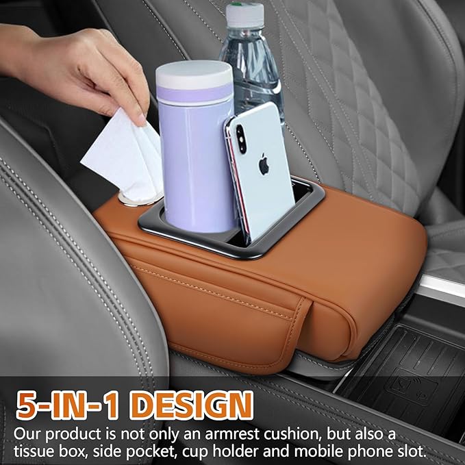 wuyaoyao Car Center Console Cover, 13.39"×8.27"×3.15" Leather Car Armrest Cover with Pocket & Tissue Box & Cup Holder, Multifunctional Auto Armrest Cushion Pad, Universal Car Accessories (Coffee)