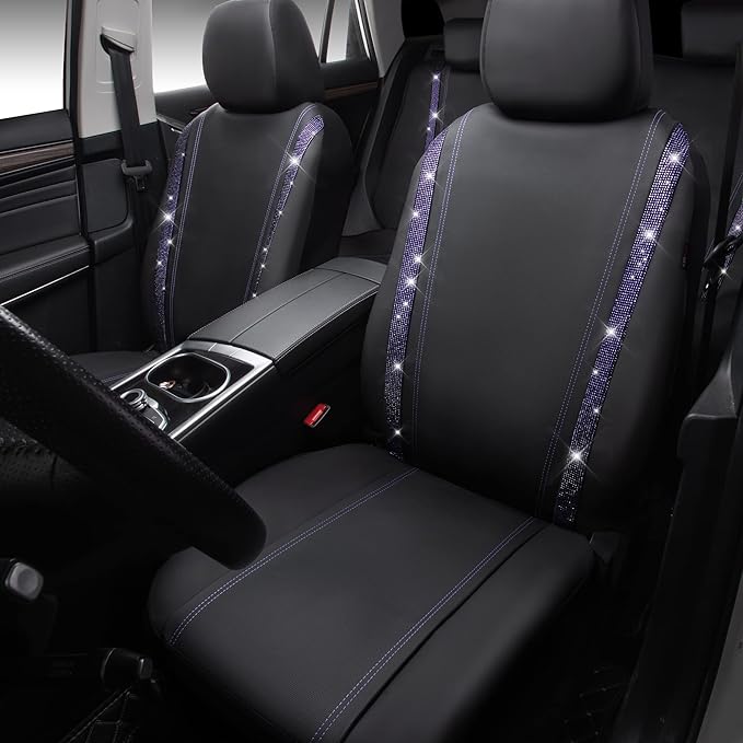 CAR PASS Bling Diamond Car Seat Covers Full Set,Shining Rhinestone Waterproof Faux Leather,Rear with Zipper,Universal Fit Automotive Glitter Crystal Sparkle Strips for Women,Violet Purple Rhinestone