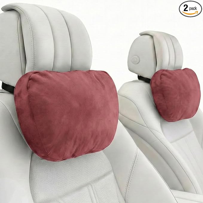 2PCS Car Pillow for Car Neck Pillow for Driving Seat Neck Support Soft Cushion Back Support Head-Rests for Vehicle Sleeping with Elastic Adjustment Strap (Red, Head)