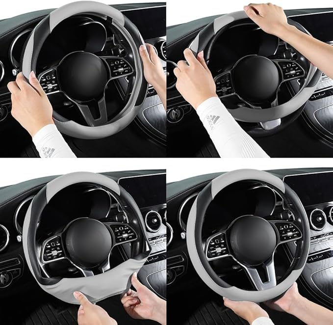 Car Steering Wheel Cover, Microfiber Leather Steering Wheel Cover Universal Fit 14.5-15 inch Anti-Slip Comfortable Breathable Car Wheel Protector for Men Women,Grey