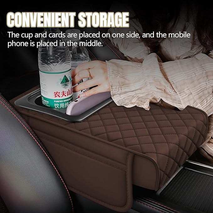 Hovom Car Center Console Cover, 13.39"×7.87"×2.76" Leather Armrest Cover for Cars, Memory Foam Armrest Pillow with Pocket, Cup Holder & Phone Slot, Universal Vehicle Arm Rest Cushion Pad (Coffee)