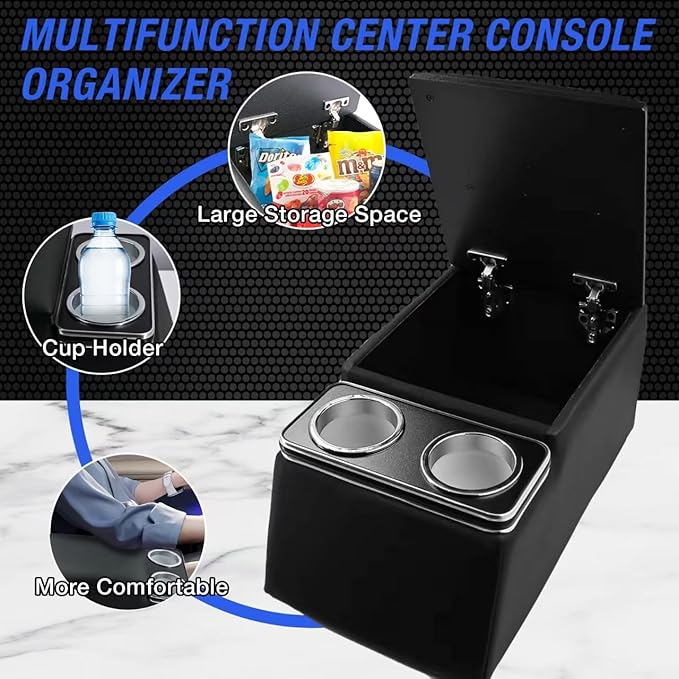 Universal Truck Seat Organizer with Cup Holders, Rear Bench Seat Center Consoles with Armrest Middle Storage Box, Padded Top Lid for Armrest, Black
