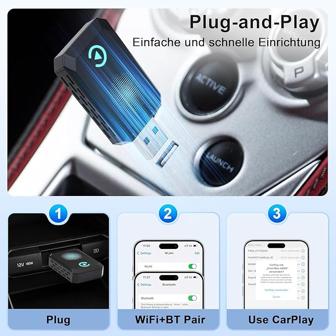 Wireless Carplay Adapter, Convert Wired to Wireless CarPlay, Compatible with CarPlay, Plug and Play, Type-C/USB, Suitable for 800+ Vehicles (Blue)