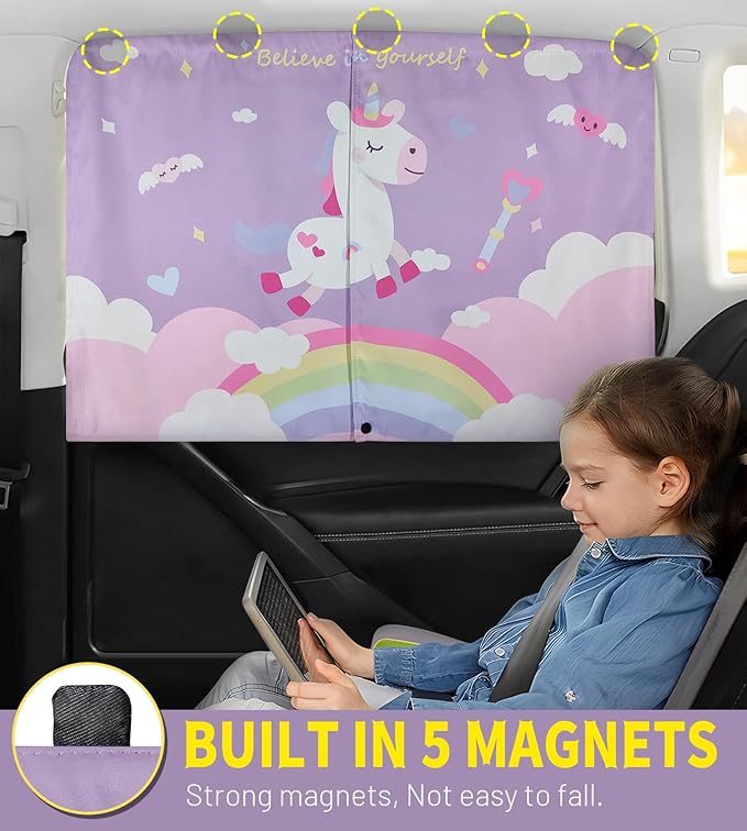 Car Window Shades, 2 PCS Magnetic Double Layer Car Sun Shade for Side Windows Privacy Full Covers/Half Shade Options Unicorn Patterns Car Window Curtains for Baby Protection