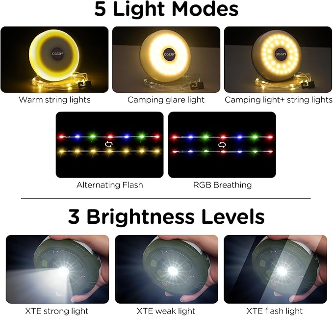 OGERY 2-Pack Camping String Lights, 32.8FT Rechargeable Christmas String Lights Outdoor/Indoor, 8 Modes 4-in-1 Quick Storage Fairy Lights Portable Lamp for Xmas Tree Decor Party Camping Essentials