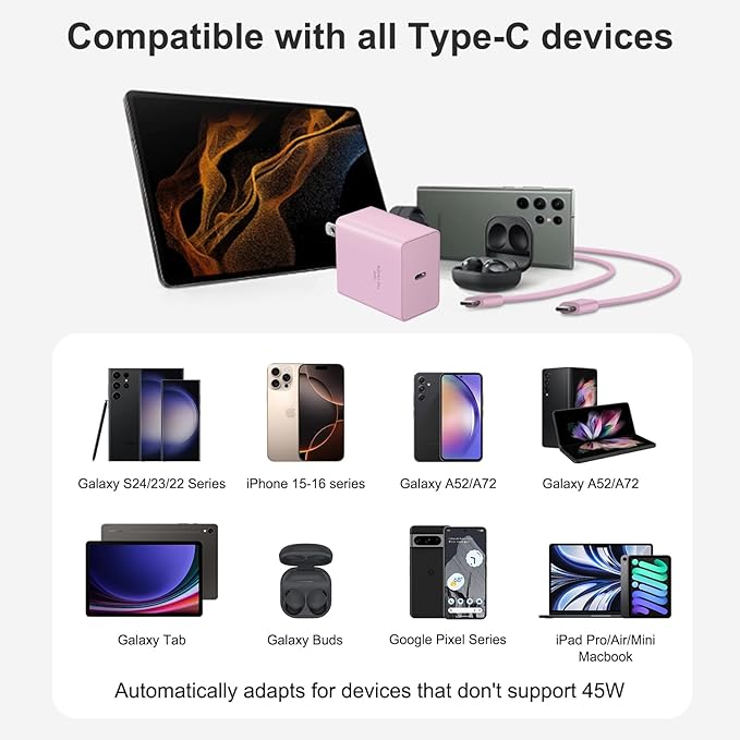 USB C Charger Type C Charger Fast Charging 10FT 45W Samsung Chargers 2-Pack with iPhone Air/17/17 Plus/17 Pro/17 Pro Max/16/16 Plus/16 Pro/16 Pro Max/15/15 Pro Max/iPad Pros/Galaxy S25 S24(Pink)