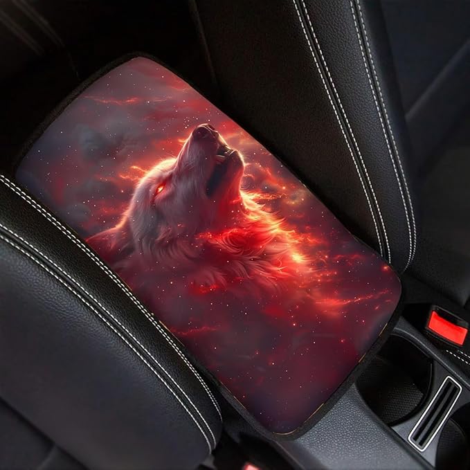 Red Wolf Armrest Pad Cover for Cars Arm Rest Cushion Pads Car Center Console Cushion Non Slip Car Accessories Car Xmas Decoration