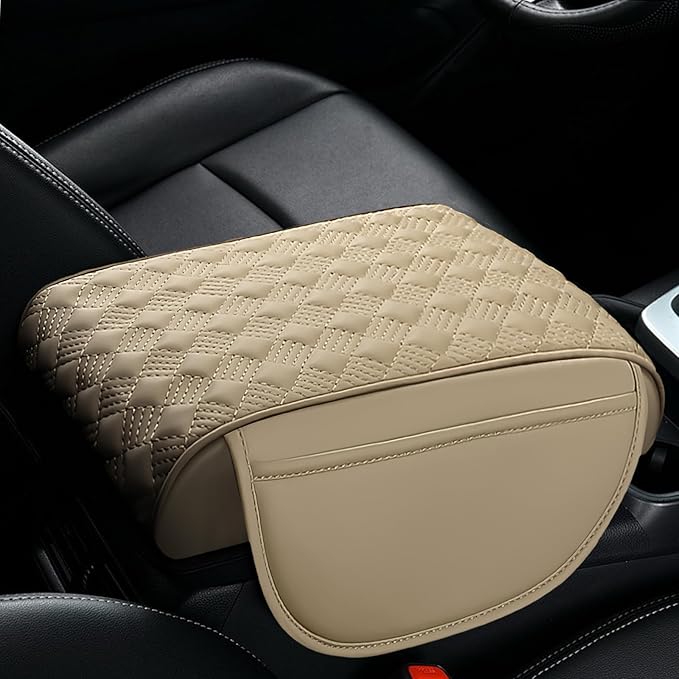 wuyaoyao Car Center Console Cover, 12.2"×8.27"×1.97" Leather Center Console Protector, Auto Armrest Pad with 2 Storage Pocket, Universal Armrest Cover Cushion for Most Cars, Trucks, SUVs (Beige)