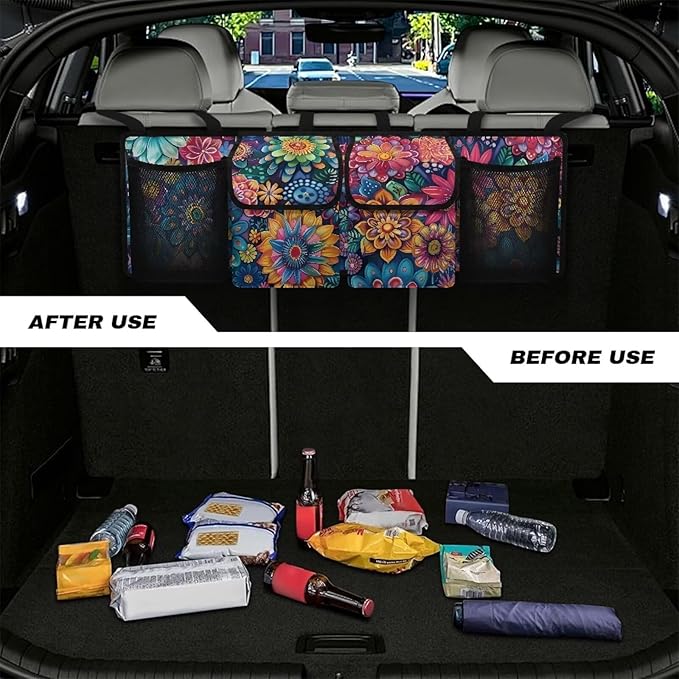 Hippie Boho Floral Blossoms Car Trunk Organizer Hanging Cargo Storage Bag for Grocery Cargo Organizer with 4 Compartments