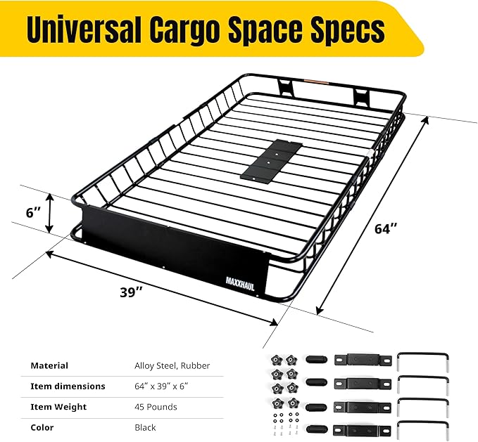 MAXXHAUL 50506 64" x 39" x 6" Heavy-Duty Universal Steel Roof Rack , Black