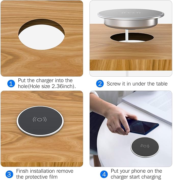 Recessed Desk Wireless Charger,15W Fast Flush Mount Qi Charging Pad,Hidden Desk Grommet Charger,Desktop Charging Station for Home/Office,Compatible with iPhone 17/16/15/Samsung/All Qi-Enabled Devices