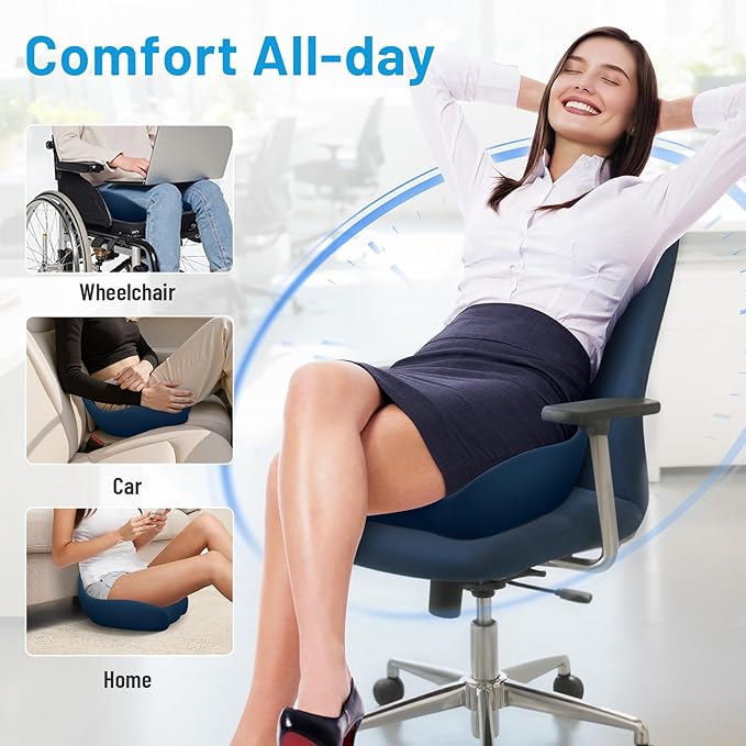 Memory Foam Seat Cushion for Office Chair, Ergonomic Coccyx Cushion for Desk Chair, Tailbone Support Pillow for Long Sitting, Non-Slip Seat Pad for Home, Gaming Chair -Navy Blue, X-Large