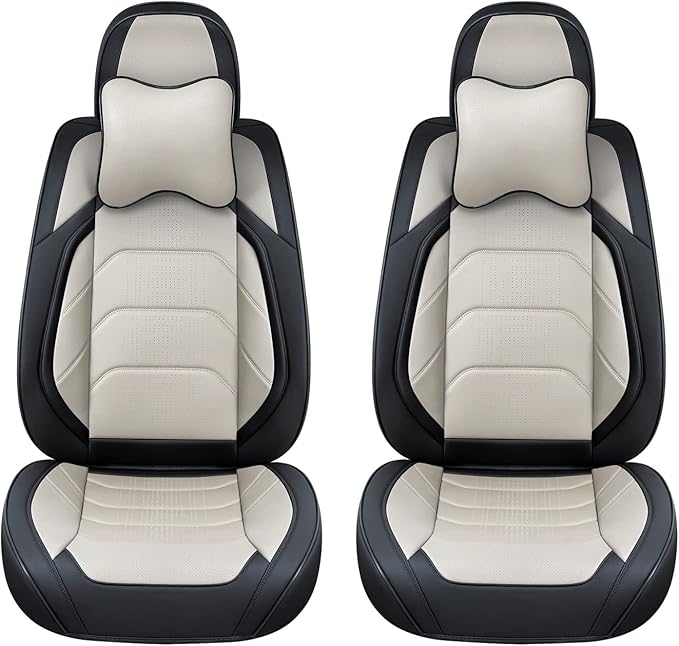 Car Seat Covers Front Pair, Breathable Nappa Leather Car Seat Cushions 2PCS, Auto Interiors Universal Fit for Most Cars, Compatible Automotive Vehicles(Sedan/SUV/Van), Black & White