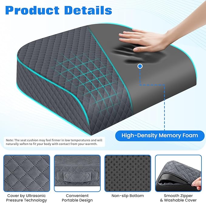 Seat Cushion for Office Chair, Memory Foam Chair Cushions, Car Seat Cushion for Long Sitting, Desk Chair Cushion for Pressure Relief, Non-Slip Bottom, Washable Cover, Large, Grey