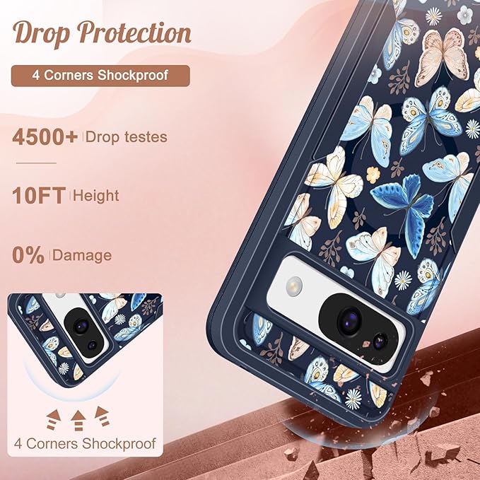 for Google Pixel 8A Case 6.1 Inch - Compatible with MagSafe Women Girls Cute Magnetic Protective Cover Kawaii Girly Blue Butterfly Heavy Duty Shockproof Design for Google Pixel 8A Phone Cases
