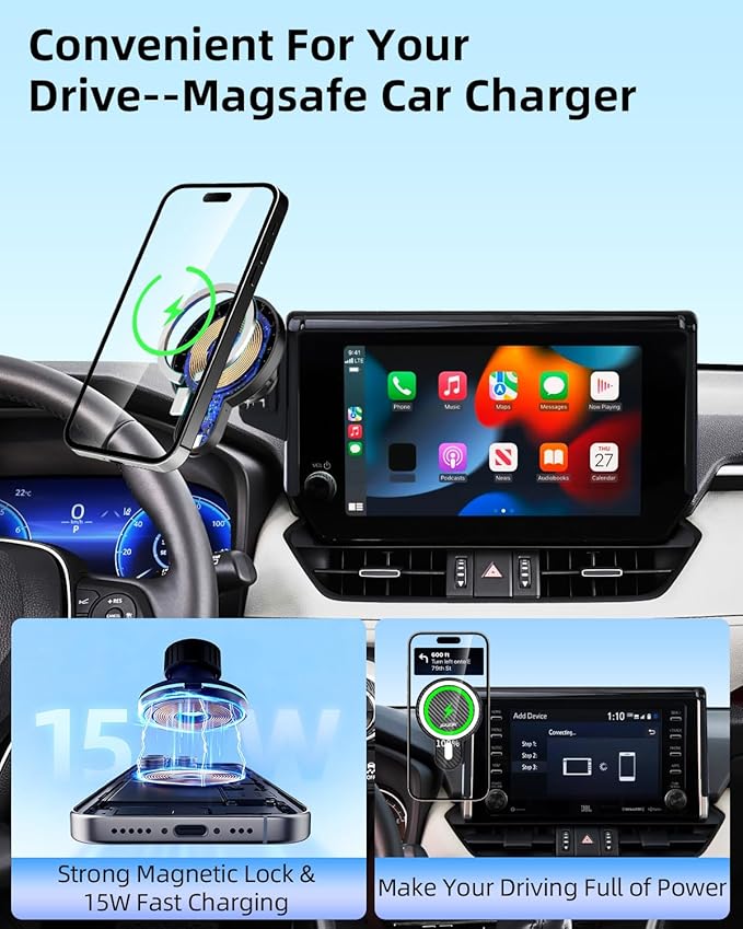 PZK Car Phone Holder for Toyota RAV4 2019-2025 Hybrid LE/XLE/Premium Accessories 7/8-Inch Screen Magnetic 15W Fast Wireless Charger Car Phone Mount 360° Rotation Not Affect Vent (Not Fit 9/10.5 inch)