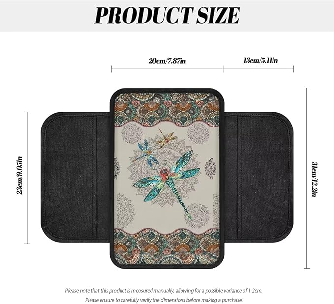 Dragonfly and Boho Mandala Print Car Center Console Cover Wear-Resistan Car Armrest Cover Cushion Lightweight Car Armrest Seat Box Cover Cushion Car Decoration Accessories