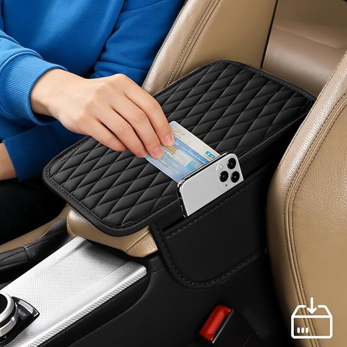 Car Armrest Cushion Pad, Leather Vehicle Center Console Cover with 2 Storage Bags, Non-Slip Automotive Interior Arm Rest Seat Box Cover Accessories, Universal for SUV RV Sedan (Black)