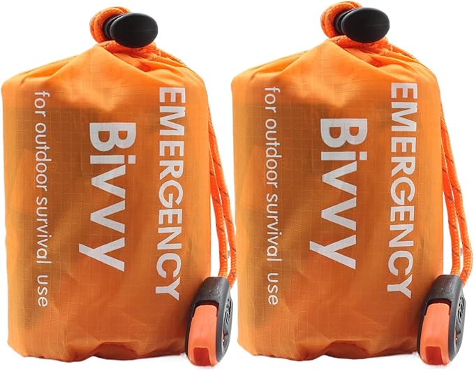 Emergency Sleeping Bags for Survival，2 Pack Bivvy Bag， Storage Bag with Whistle， Camping, Hiking Keep Warm, Outdoor Adventures
