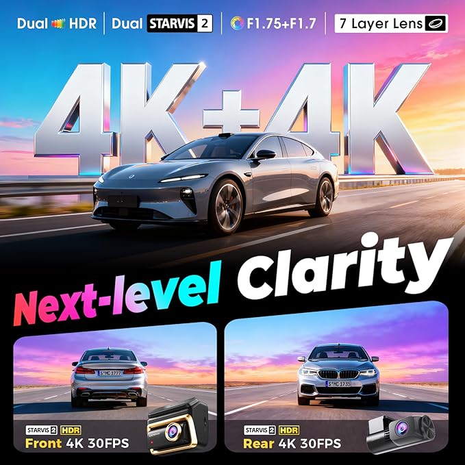 DDPAI Dual 4K Dashcam,Dashcams for Car with Free 128G eMMC + CPL,Dual STARVIS 2 IMX678 + IMX678 Sensors Front and Rear Car Camera,AI ISP Night Vision 2.0,4G,ADAS,WiFi,24H Parking Mode,Z90 Master Dual