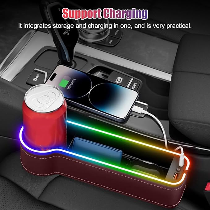 2PCS LED Car Seat Gaps Filler Organizer,Front Seat Gaps Filler, Car Seat Organizer with Ambient Light, USB Charger for Multifunction Storage Box for Holding Phone, Sunglasses