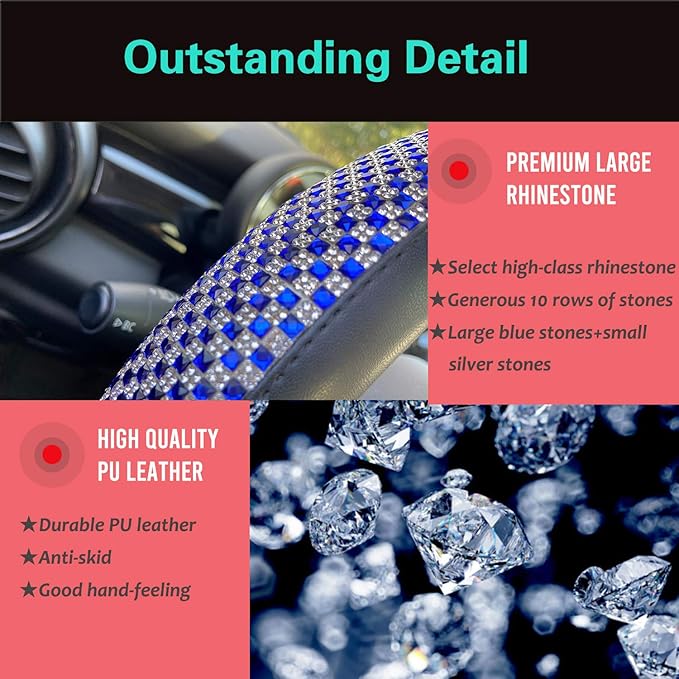 PINCTROT D Shaped Bling Comfy Steering Wheel Cover with Jumbo Crystal Rhinestones, Anti-Slip Diamond Leather, Flat Bottom 14.5-15 Inch (Blue)
