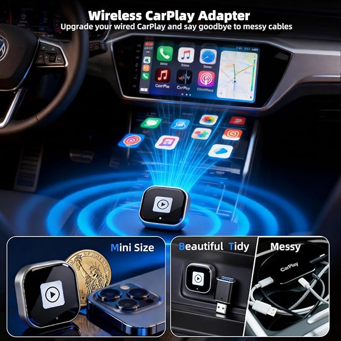[2026 Upgrade] 2-in-1 Wireless CarPlay and Android Auto Adapter, Plug & Play, 5GHz Dual-Band Zero Latency, with USB/USB-C Converter, for iPhone/Android, Compatible with 99% Cars