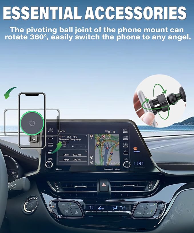Car Phone Holder for Toyota C-HR 2019-2022 Accessories Apply to 8 Inch Touch Screen 15W Fast Wireless Charger Screen Fixed Clip Cell Phone Mount Hands-Free 360 Degree Rotation