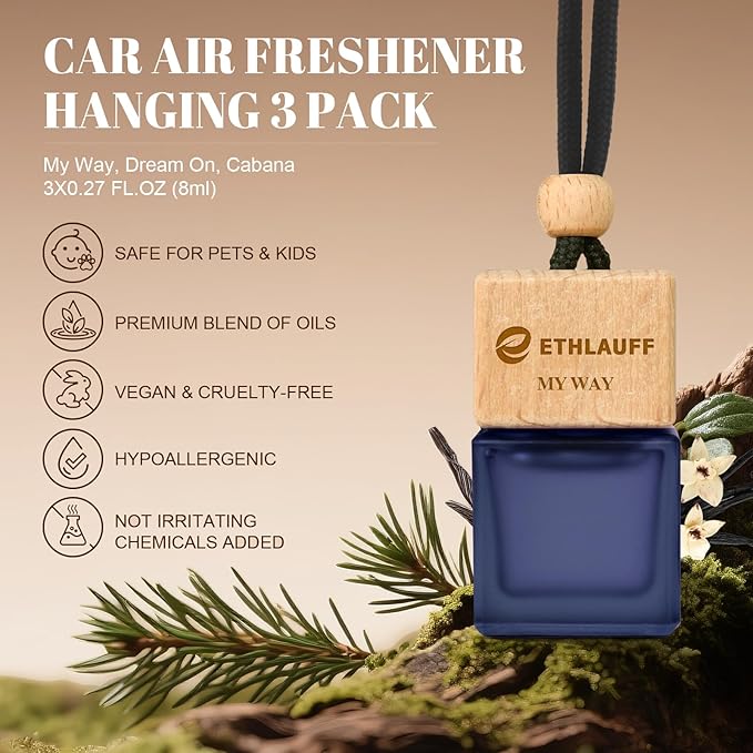 Car Air Freshener Hanging 3 Pack - 1 Way, Dream On, Cabana Hotel Collection Diffuser Oil Inspired The One Hotel, Car Fresheners for Women & Men, 45+ days Long Lasting, 0.27 FL OZ/8ML