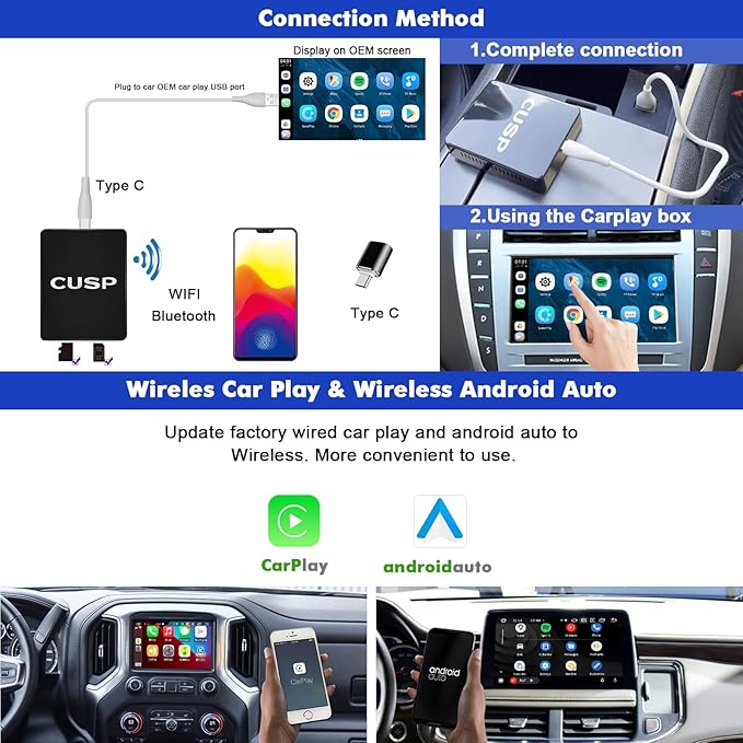 CUSP CarPlay AI Box for Cars with OEM Wired CarPlay, 4G LTE Wireless CarPlay & Wireless Android Auto Adapter, 8-Core 4GB+64GB Android Multimedia Video Box, Plug & Play with GPS, WiFi, Bluetooth
