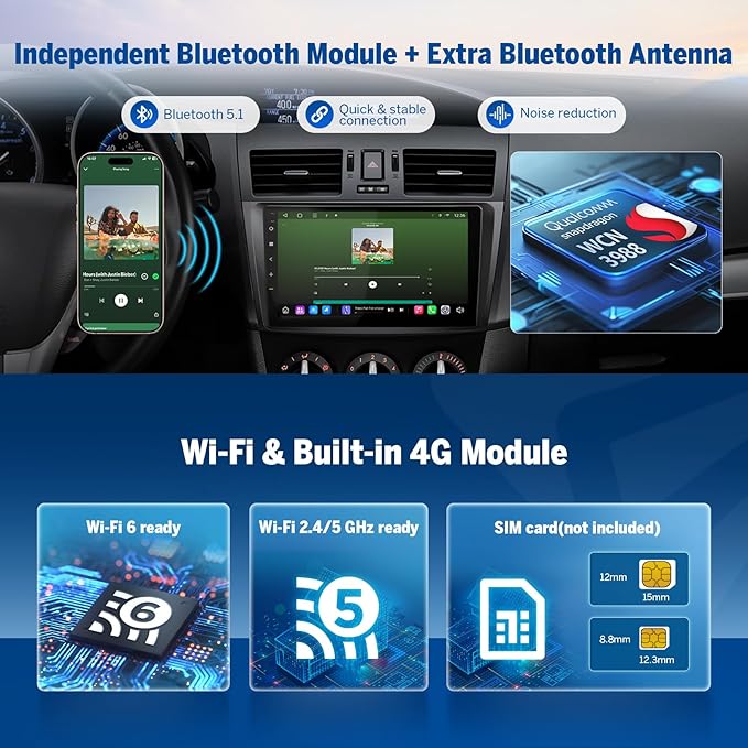 Eonon 9" Car Stereo for Mazda 3 2010-2013, QCM6225-AD Octa Core 6+64GB, Wireless CarPlay & Android Auto Car Radio, Touchscreen QLED Car Stereo Receiver, 4G LTE/Bluetooth/HDMI/SWC - M3BLX6S Upgrade
