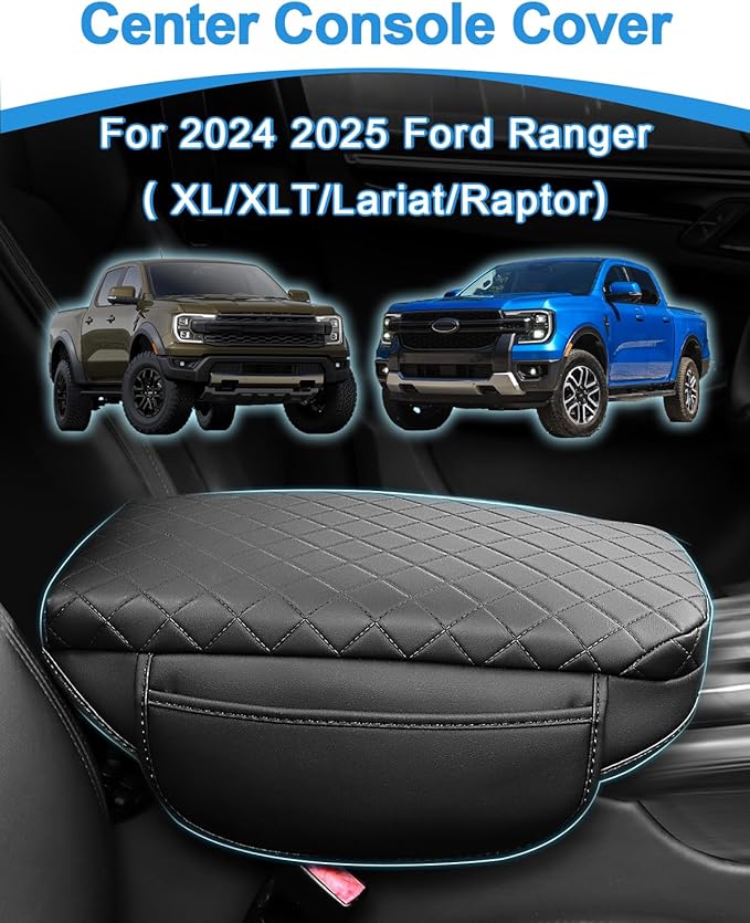 Center Console Cover for Ford Ranger 2024 2025 2026 PU Leather Armrest Cushion Pad with Side Pocket Middle Console Lid Protector Ranger Interior Accessories (Ranger 24-26 pad)