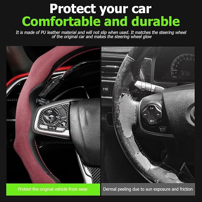 Mandark Car Steering Wheel Cover, Suede Sport Vehicle Steer Wheel Protector Fitting 15 Inch, Non-Slip Comfortable Automotive Interior Decoration Accessories, Universal for Most Cars (Wine Red)