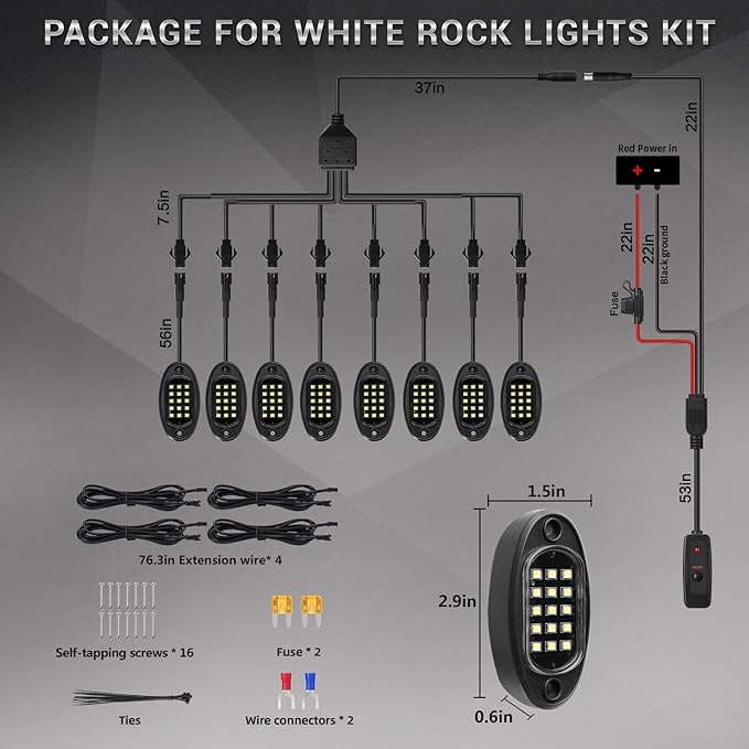 8 Pods White LED Rock Lights for with Switch Extension Harness, 6000K 24 LEDs Pure White Underglow Kit for Truck Trailer Offroad SUV UTV RZR, IP68 Waterproof Under Trail Rig Fender Lighting
