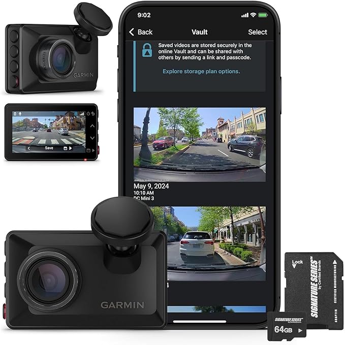 Garmin Dash Cam X210 Compact 1440p HD Camera | 140° FOV, Clarity Polarizer, Voice Control, GPS, 2.4" Display, Automatic Incident Detection Recording | Signature Series 64GB Micro SDXC Card