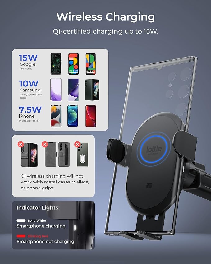 iOttie Auto Sense 2 Dash & Windshield Car Phone Holder with Qi Wireless Charging – Auto Clamping Phone Mount & Charger for iPhone, Google Pixel, Samsung Galaxy, Huawei, LG (Adapter Not Included)