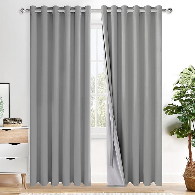 XWZO Full Shading Blackout Curtains 84 Inches Length with Tiebacks- Heat and Light Blocking Ring Top Window Drapes with Black Liner for Bedroom/Kid's Room, Light Grey, W70 x L84, Set of 2 Panels