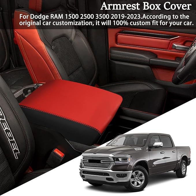 Center Console Cover Anti-Scratch Waterproof Leather Armrest Pad Protector Cushion for Dodge RAM 1500 2500 3500 2019 2020 2021 2022 2023 Interior Accessories(Red with Black)