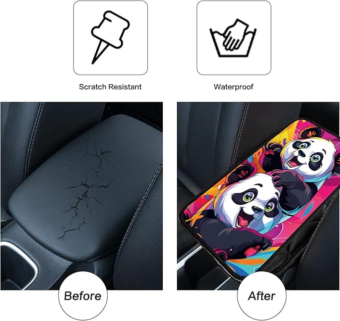 Car Armrest Cover Pads Universal Fashion Cute Auto Center Console Armrest Cover Pad with 2PCS Car Coasters Soft Waterproof Car Armrest Seat Protector for Women, Cute Panda Playing