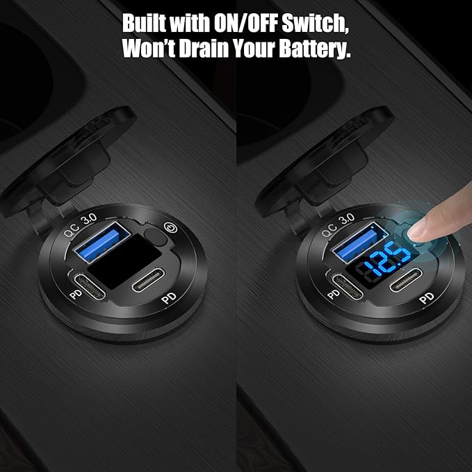 2 Pack 12V USB Outlet 3 Port Car Charger Socket, 78W Dual PD USB C 30W and Quick Charge3.0 Port Aluminum Charger Waterproof with Voltmeter and Button Switch for Boat Marine Motorcycle RV Truck, etc