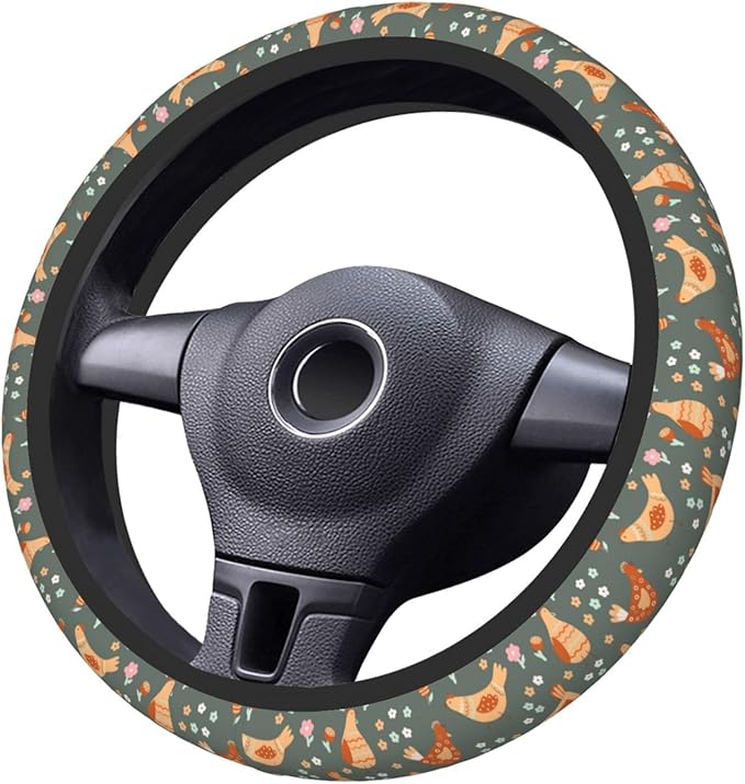Chicken Cartoon Flowers Steering Wheel Cover for Women Elastic Rubber Steering Wheel Universal 15 Inch Fit for Cars, Auto, SUVs