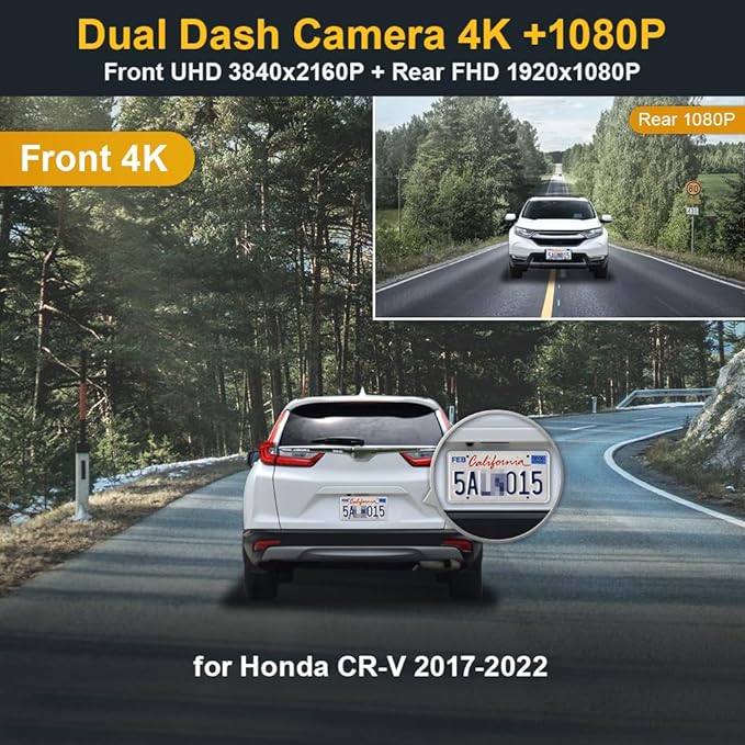 Fitcamx Front 4K+Rear 1080P Dash Cam Adapts for Honda CR-V 2017-2022 LX EX Touring EX-L (Gen5), OEM Look, Dual HD Video, Built-in WiFi & APP, Loop Recording, G-Sensor, Easy to Use, 128GB Card