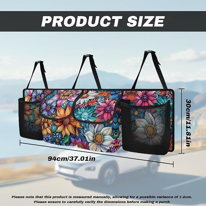 Boho Floral Blossoms Trunk Organizer Car Women Large Capacity Hanging Car Organizer Collapsible Cargo Bag,Easy to Install